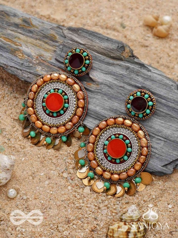 Kadrav - The Auburn Peals - Beads And Coins Hand Embroidered Enamelled Oxidised Earrings