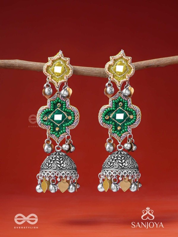 Aranyaj - Song Of The Forest - Beads, Dabka And Coins Hand Embroidered Oxidised Jhumka Earrings