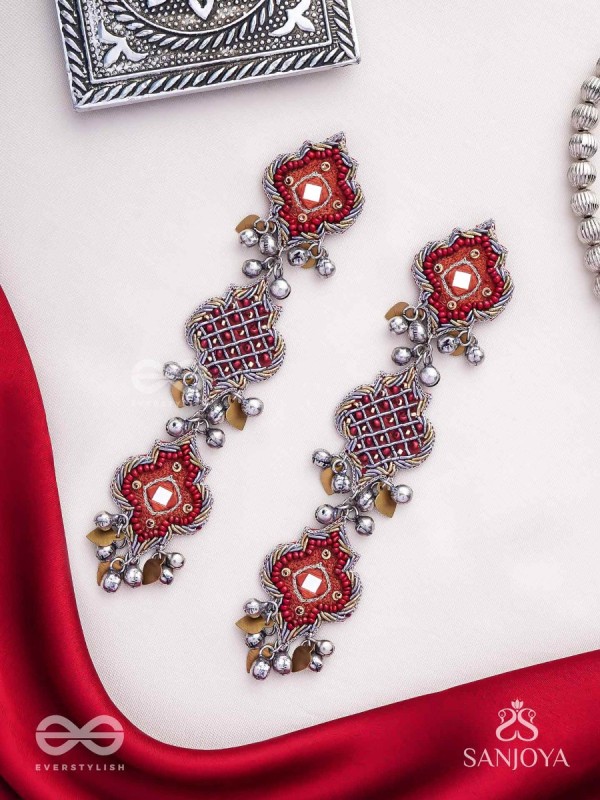 Yashas - The Maple Grandeur - Beads, Coins And Dabka Hand Embroidered Oxidised Earrings
