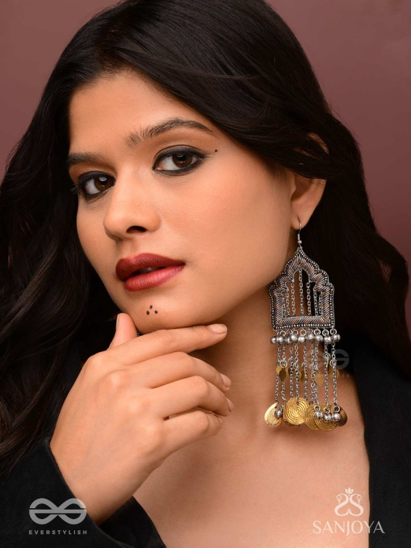 Shamvat - The Homey Tranquillity - Beads, Dabka And Coins Hand Embroidered Oxidised Earrings