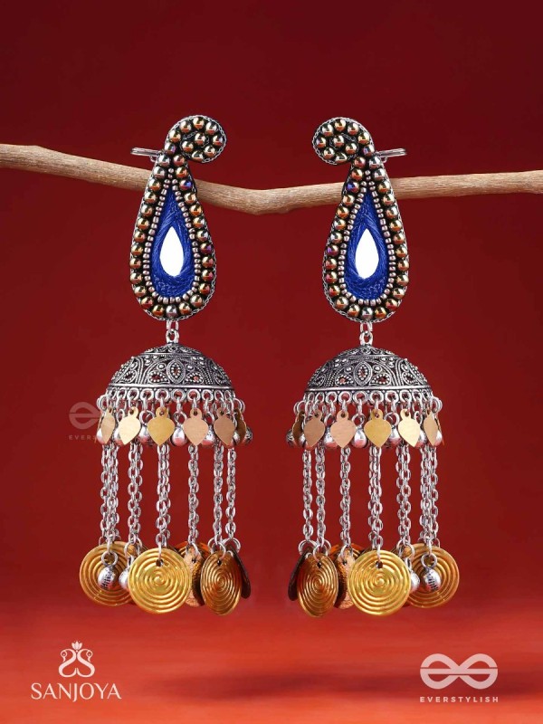 Svarsampad - The Feathery Melody - Beads, Mirror, Resham And Coins Hand Embroidered Oxidised Jhumka Earrings
