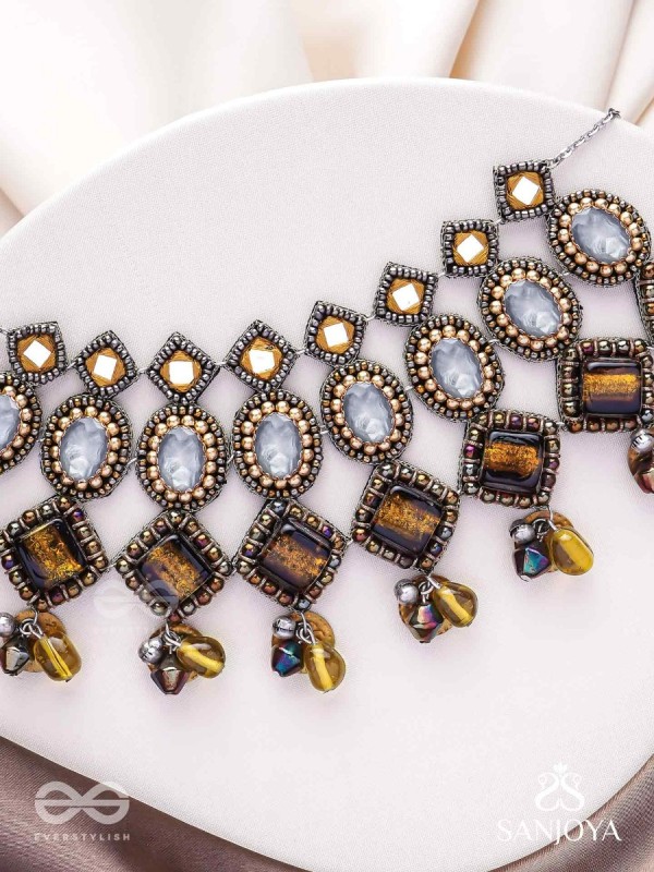 Haridhumra- The Amber Chestnut - Stones, Beads, Coins And Glass Drops Hand Embroidered Oxidised Neckpiece