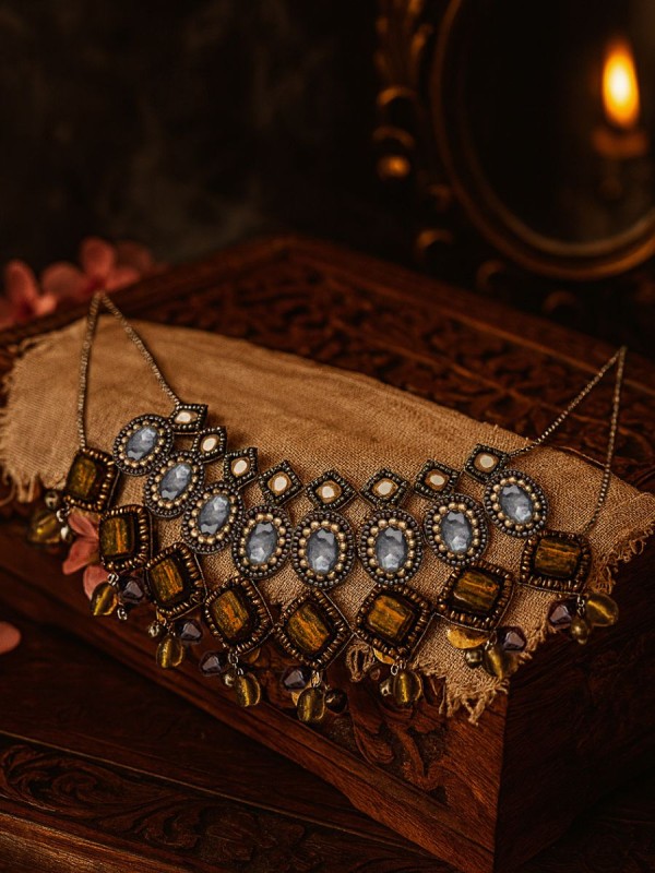 Haridhumra- The Amber Chestnut - Stones, Beads, Coins And Glass Drops Hand Embroidered Oxidised Neckpiece