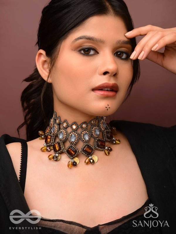 Haridhumra- The Amber Chestnut - Stones, Beads, Coins And Glass Drops Hand Embroidered Oxidised Neckpiece