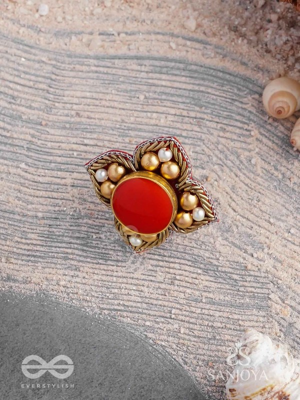 Shikhandik - The Ethereal Stone  - Stone, Beads And Dabka Hand Embroidered Ring (Adjustable)