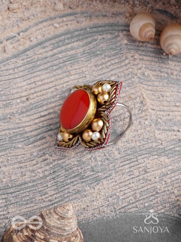 Shikhandik - The Ethereal Stone  - Stone, Beads And Dabka Hand Embroidered Ring (Adjustable)