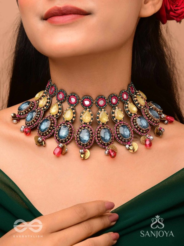 Shubhsanyut - The Blissful Downpour -  Stones, Beads And Coins Hand Embroidered Choker Neckpiece