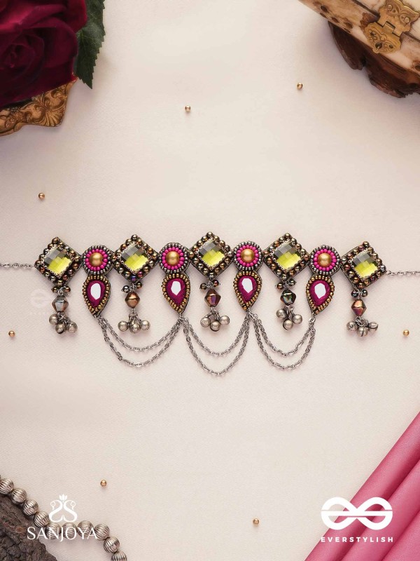 Alankarya - The Bejewelled Shalimar - Stones, Beads And Mirrors Hand Embroidered Oxidised Choker Neckpiece