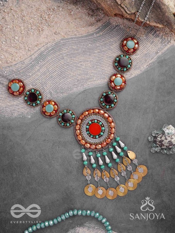 Arthanvit - The Spheres Of Wealth - Beads, Stones And Coins Hand Embroidered Oxidised Neckpiece