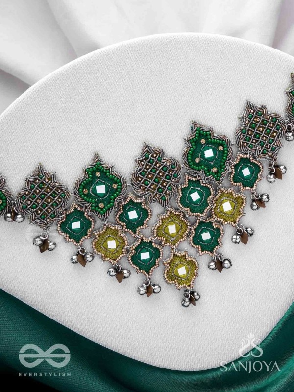 Aardratva - The Lush Cascade - Resham, Mirror And Dabka Hand Embroidered Oxidised Neckpiece
