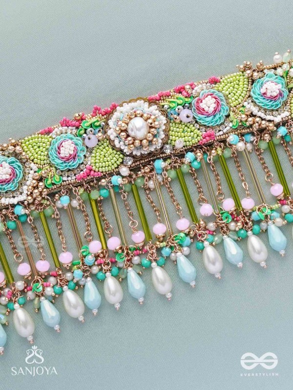 MANJUSUMANA - BEAUTIFUL BLOSSOM - BEADS, SEQUINS AND PEARL DROPS HAND EMBROIDERED CHOKER NECKPIECE