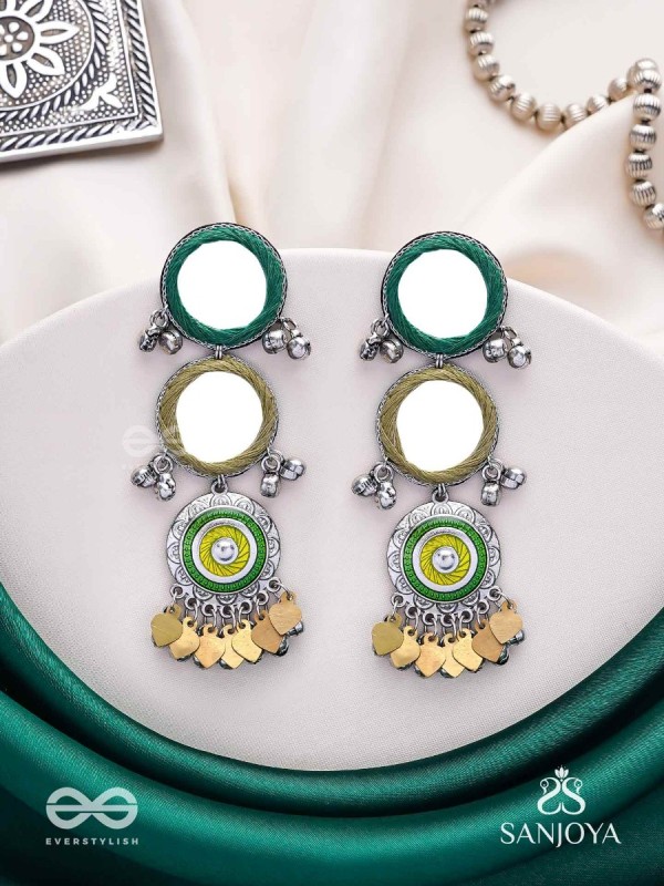 Abhatih - The Dancing Reflections - Mirrors, Resham And Beads Hand Embroidered Enamelled Oxidised Earrings 