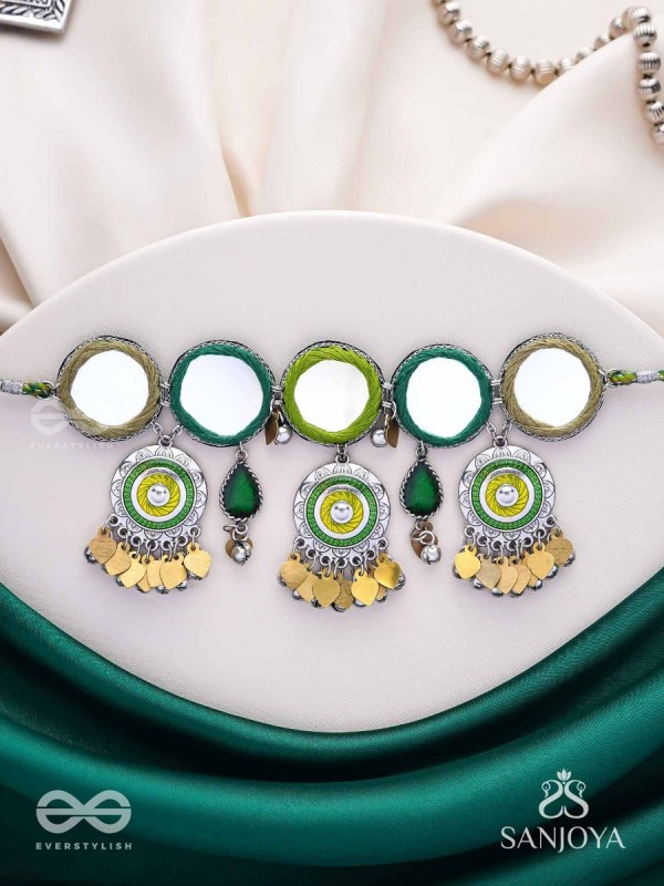 Manidarpan - The Musical Mirrors - Mirrors, Resham And Beads Hand Embroidered Enamelled Oxidised Choker Neckpiece