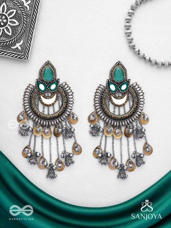 Ashtri - Deep in The Woods - Stone, Mirrors And Beads Hand Embroidered Oxidised Earrings