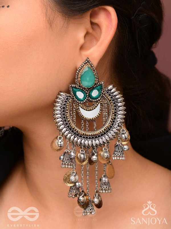 Ashtri - Deep in The Woods - Stone, Mirrors And Beads Hand Embroidered Oxidised Earrings