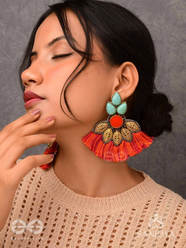 Prachim - The Earthen Treasures - Stones, Beads And Resham Hand Embroidered Earrings