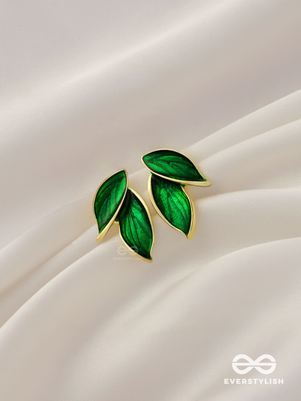 Petals Panache - Golden Enamelled Earrings (Green)