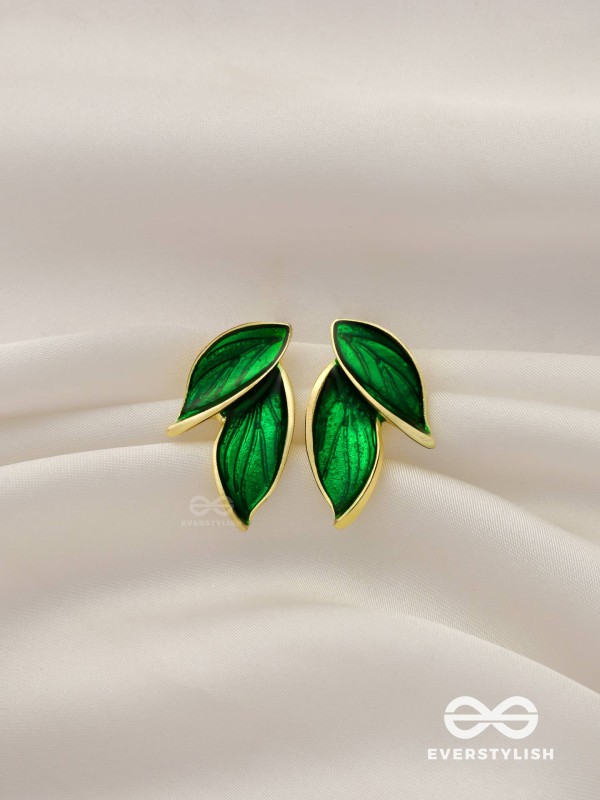 Petals Panache - Golden Enamelled Earrings (Green)