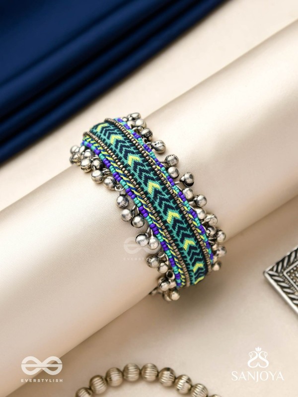 Vedhan - The Oceanic Depths - Resham And Beads Hand Embroidered Oxidised Cuff Bracelet