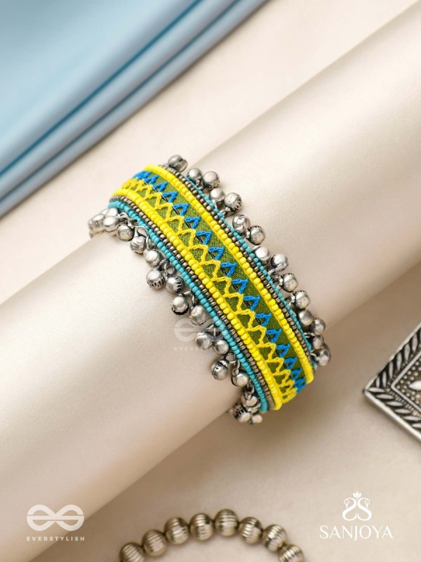 Dhritvan - The Lime Sky - Resham And Beads Hand Embroidered Oxidised Cuff Bracelet