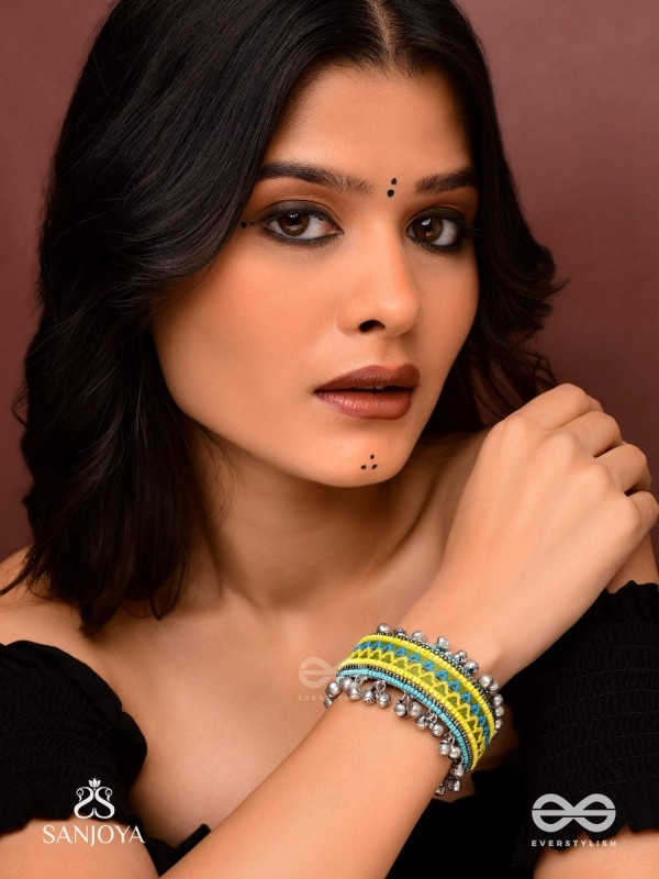 Dhritvan - The Lime Sky - Resham And Beads Hand Embroidered Oxidised Cuff Bracelet