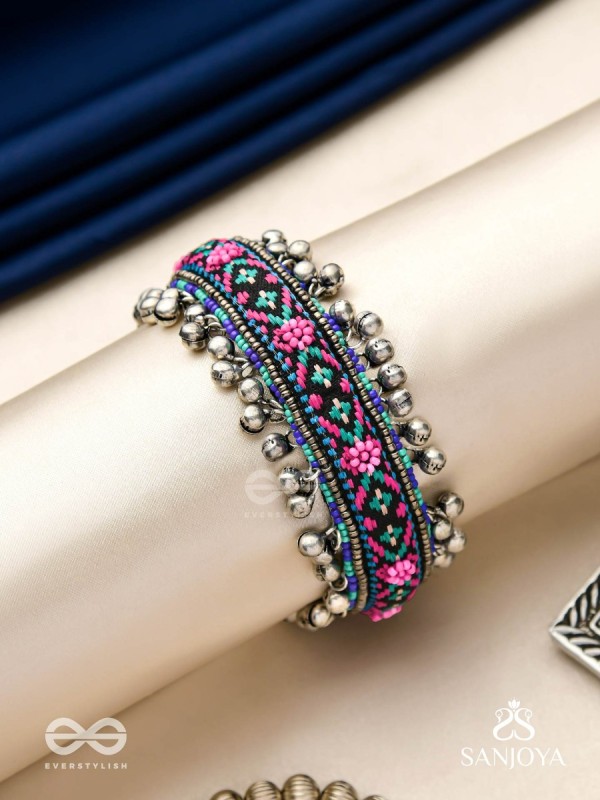 Ragapushpi - The Rosy Night - Resham And Beads Hand Embroidered Oxidised Cuff Bracelet