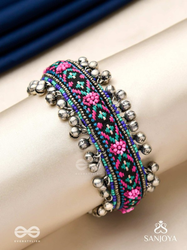 Ragapushpi - The Rosy Night - Resham And Beads Hand Embroidered Oxidised Cuff Bracelet