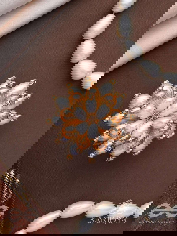 Svapnakalka - The Ivory Dream - Beads, Pearl And Glass Drops Hand Embroidered Ring (Adjustable)