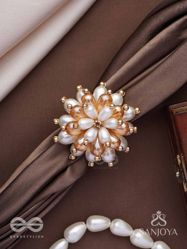 Svapnakalka - The Ivory Dream - Beads, Pearl And Glass Drops Hand Embroidered Ring (Adjustable)