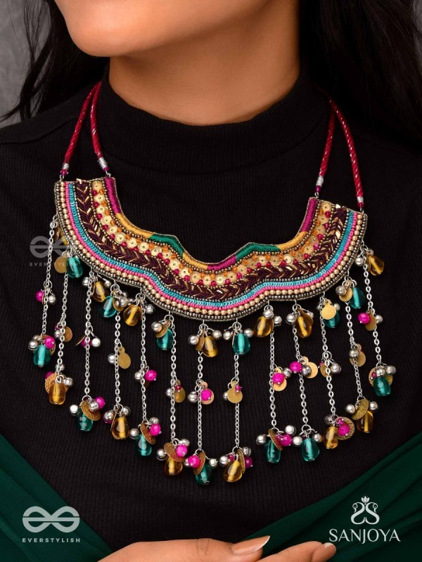 Vadya - The Umber Rhythm - Beads, Coins, Resham And Glass Drops Hand Embroidered Neckpiece