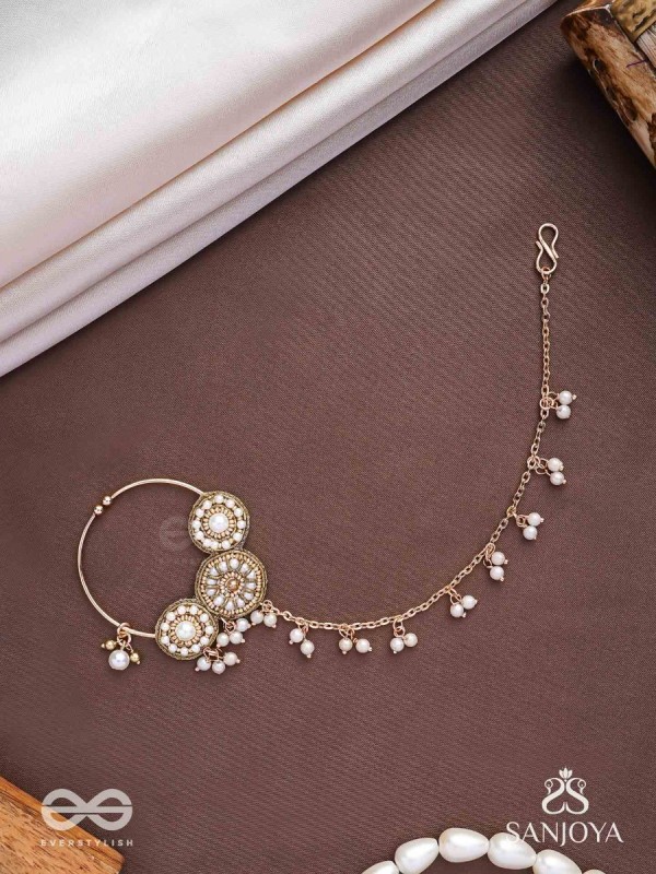 Haimavat - The Pearl Trail - Pearls And Beads Hand Embroidered Nath (Non-Piercing)