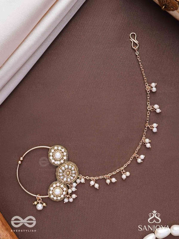 Haimavat - The Pearl Trail - Pearls And Beads Hand Embroidered Nath (Non-Piercing)