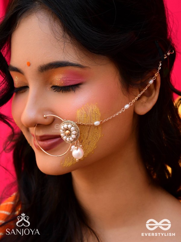 Vimrigvan - The Pristine Charm - Pearls And Beads Hand Embroidered Nath (Non-Piercing)