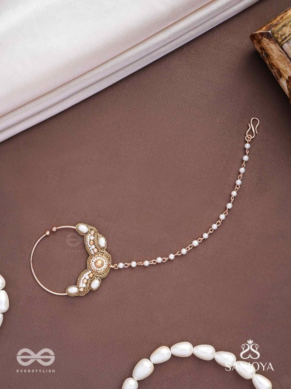 Varchasam - The Treasured Radiance - Pearls, Beads And Dabka Hand Embroidered Nath (Non-Piercing)