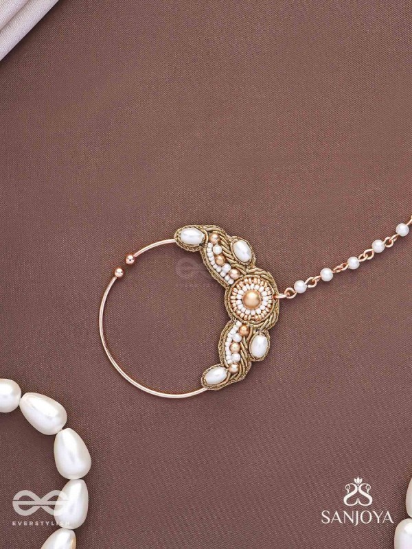 Varchasam - The Treasured Radiance - Pearls, Beads And Dabka Hand Embroidered Nath (Non-Piercing)