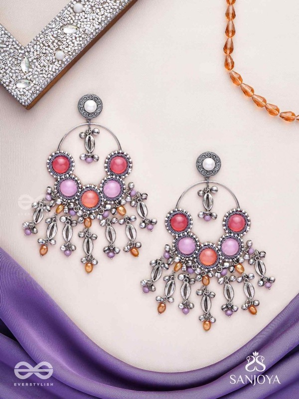 Durvarna - The Silvery Chimes - Beads, Shells And Glass Drops Hand Embroidered Earrings