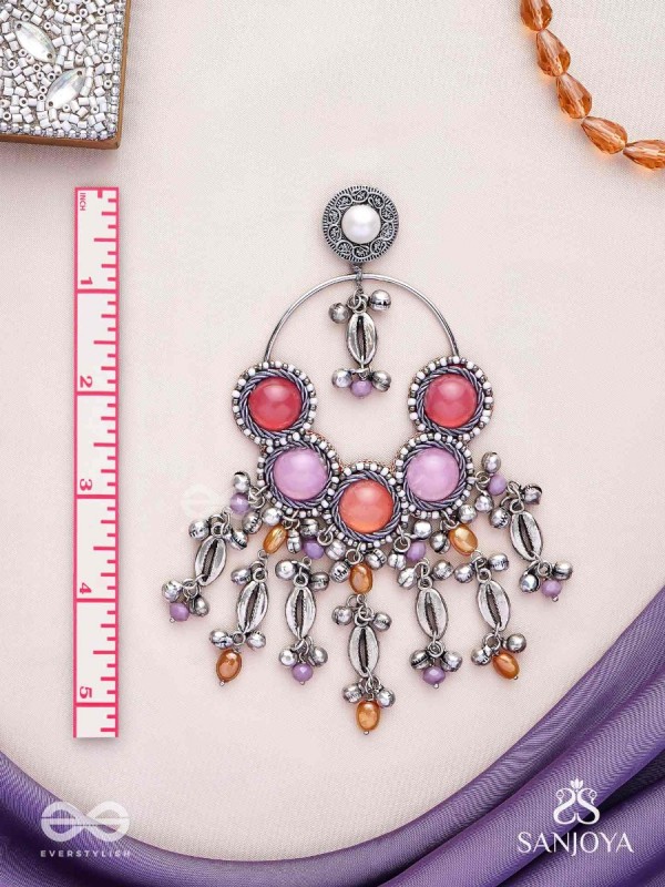 Durvarna - The Silvery Chimes - Beads, Shells And Glass Drops Hand Embroidered Earrings