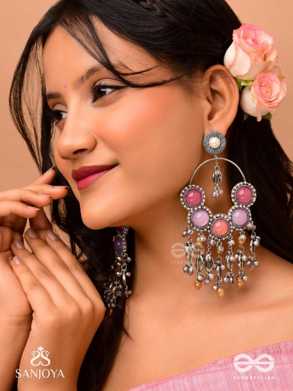 Durvarna - The Silvery Chimes - Beads, Shells And Glass Drops Hand Embroidered Earrings