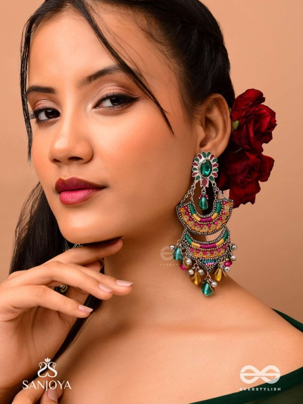 Gramik - The Rustic Royalty - Stone, Resham , Coins And Glass Drops Hand Embroidered Earrings