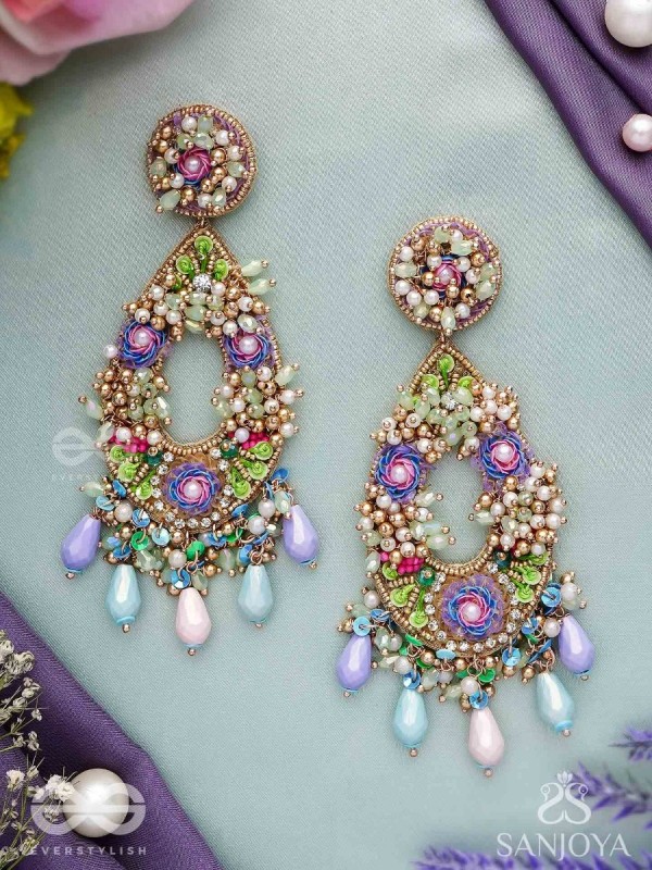 MANJUSUMANA - BEAUTIFUL BLOSSOM - SEQUINS, BEADS AND GLASS DROPS HAND EMBROIDERED EARRINGS