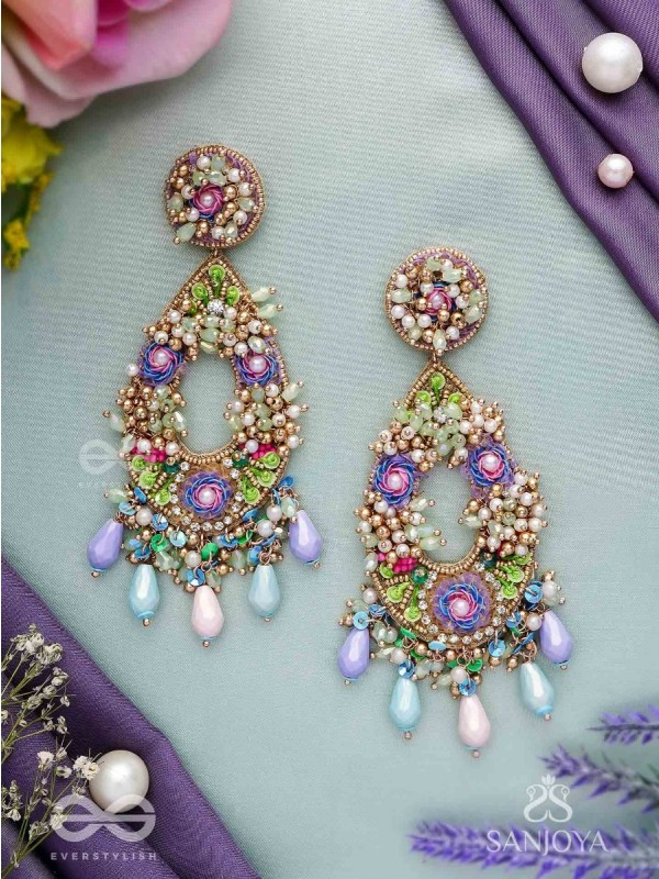 MANJUSUMANA - BEAUTIFUL BLOSSOM - SEQUINS, BEADS AND GLASS DROPS HAND EMBROIDERED EARRINGS