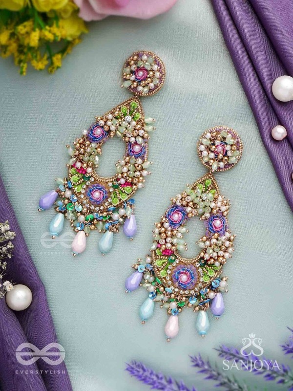 MANJUSUMANA - BEAUTIFUL BLOSSOM - SEQUINS, BEADS AND GLASS DROPS HAND EMBROIDERED EARRINGS