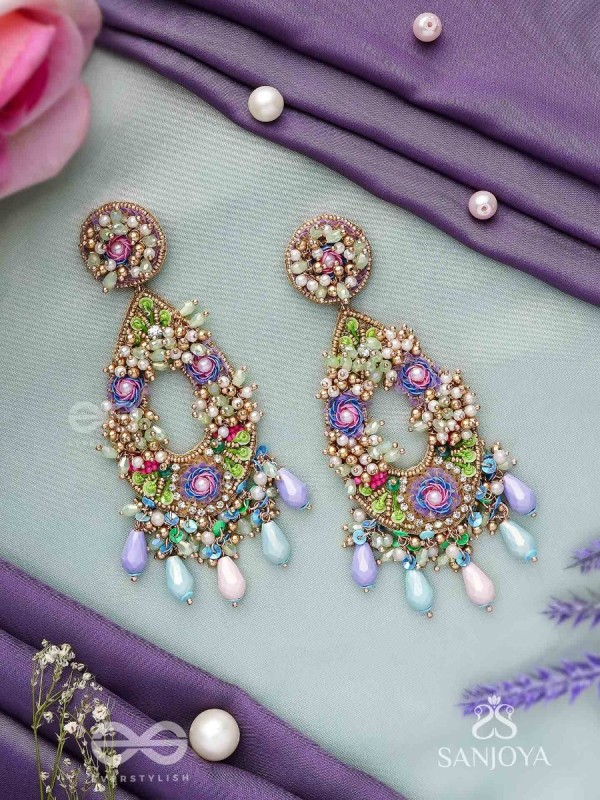 MANJUSUMANA - BEAUTIFUL BLOSSOM - SEQUINS, BEADS AND GLASS DROPS HAND EMBROIDERED EARRINGS