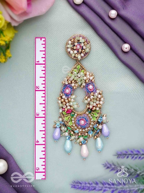 MANJUSUMANA - BEAUTIFUL BLOSSOM - SEQUINS, BEADS AND GLASS DROPS HAND EMBROIDERED EARRINGS