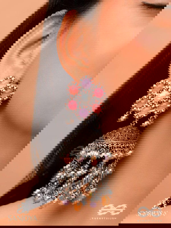 Punyodyan - The Shell Shalimar - Beads, Shells And Glass Drops Hand Embroidered Oxidised Jhumka Earrings