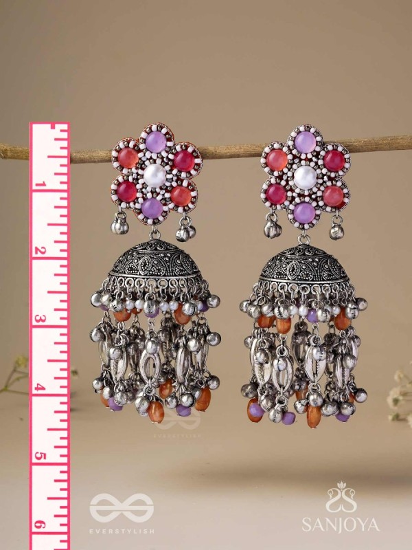 Punyodyan - The Shell Shalimar - Beads, Shells And Glass Drops Hand Embroidered Oxidised Jhumka Earrings