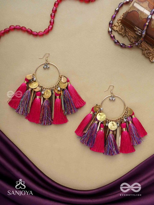Aruniman - The Scarlet Melody - Resham, Coins And Beads Hand Embroidered Oxidised Hoop Earrings