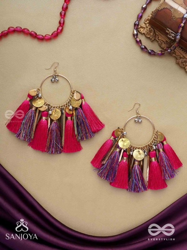 Aruniman - The Scarlet Melody - Resham, Coins And Beads Hand Embroidered Oxidised Hoop Earrings