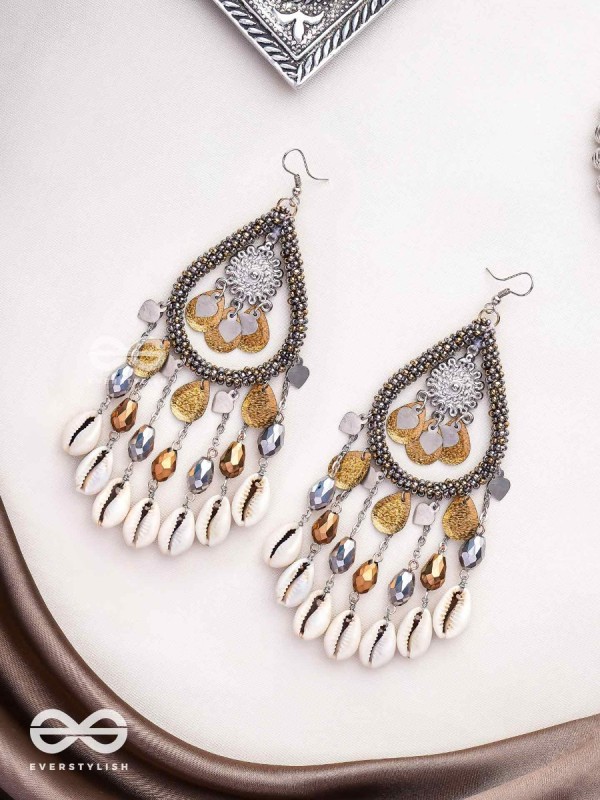 The Singing Shore - Shells, Beads And Glass Drops Hand Embroidered Oxidised Earrings