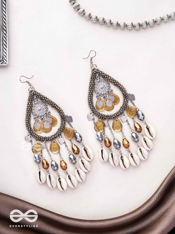 The Singing Shore - Shells, Beads And Glass Drops Hand Embroidered Oxidised Earrings